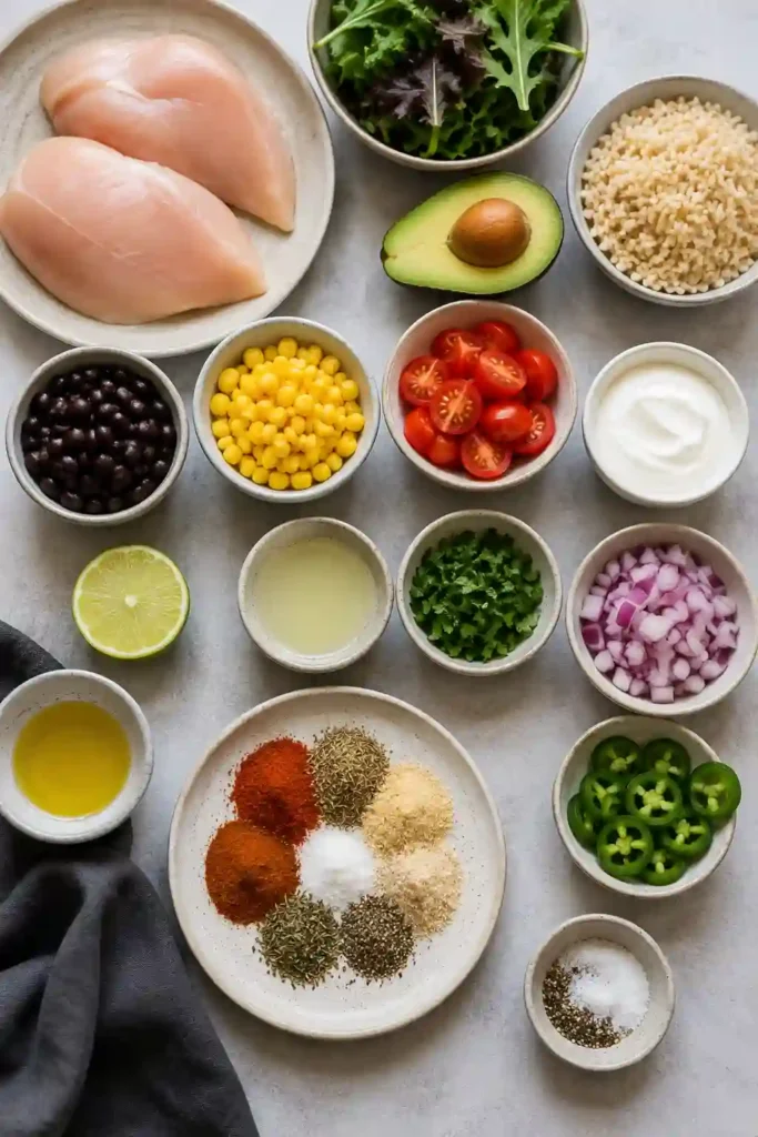 Homemade Healthy Chicken Burrito Bowl loaded with fresh vegetables, grilled chicken, black beans, avocado, and cilantro. Perfect for meal prep and healthy family dinners.