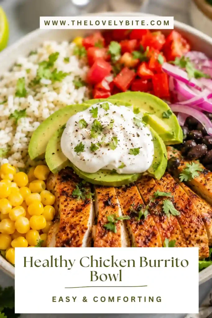 Healthy Chicken Burrito Bowl served with grilled chicken, brown rice, avocado, black beans, corn, cherry tomatoes, and fresh cilantro. This colorful Mexican-inspired meal is perfect for healthy lunches and meal prep.
