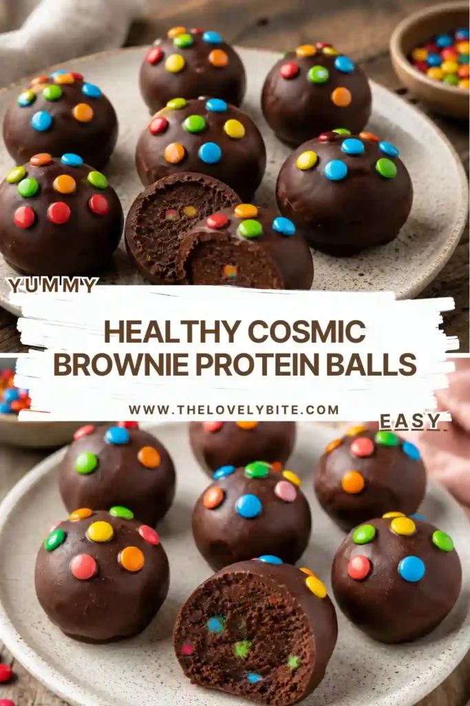 Close-up of rich chocolate Healthy Cosmic Brownie Protein Balls made with almond flour and protein powder. These healthy energy bites are perfect for meal prep and post-workout snacking.