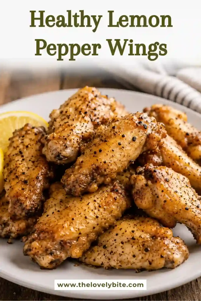 Close-up of crispy grilled Lemon Pepper Wings garnished with fresh parsley and lemon slices. The wings have a golden, flavorful crust and glossy butter coating.