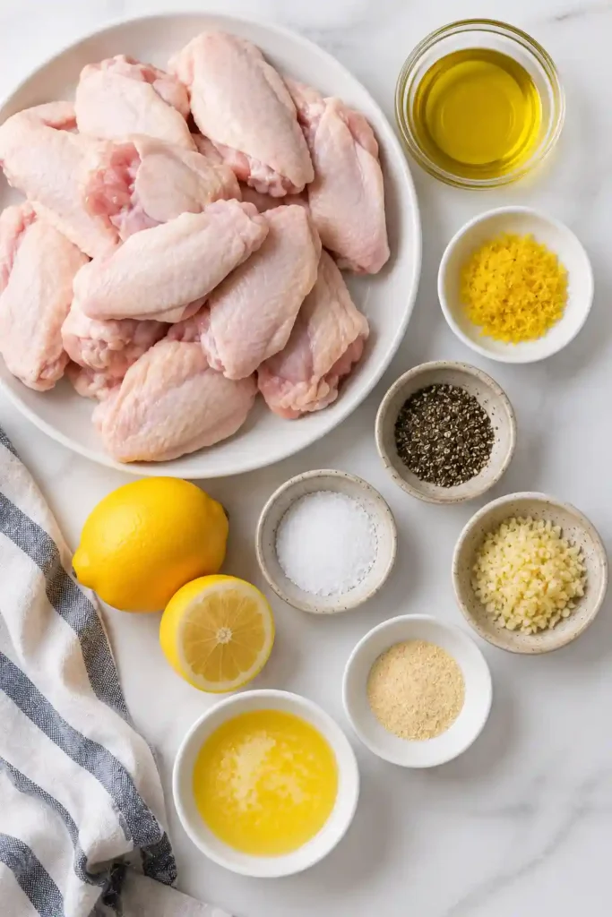 A serving platter filled with crispy Lemon Pepper Wings garnished with cracked black pepper, parsley, and fresh lemon slices. The wings are juicy, golden, and coated in a buttery glaze.