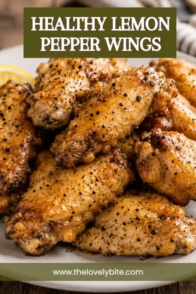 Golden grilled Lemon Pepper Wings coated in buttery lemon sauce and topped with fresh lemon zest and cracked black pepper. The crispy wings are served on a rustic platter with fresh lemon wedges.