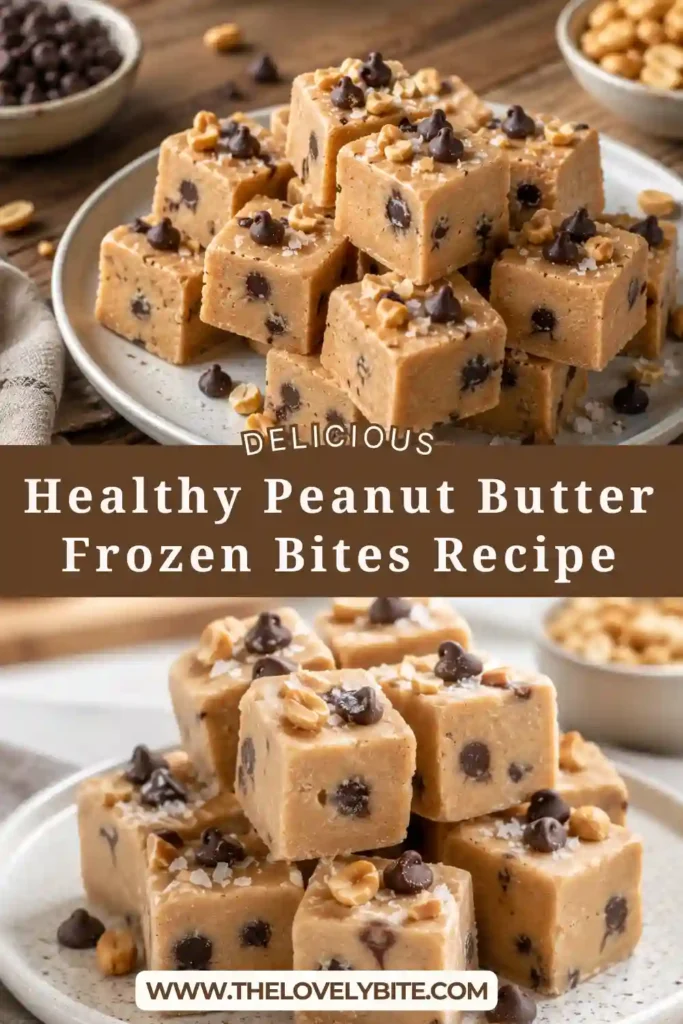 Healthy Peanut Butter Frozen Bites topped with mini chocolate chips and flaky sea salt on a serving plate. These creamy Greek yogurt bites make a delicious high-protein frozen snack.