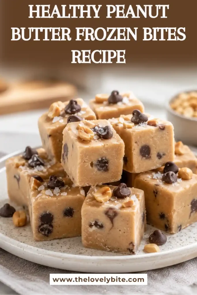 Close-up of Healthy Peanut Butter Frozen Bites made with creamy peanut butter and Greek yogurt. A refreshing no-bake frozen dessert with chocolate chips and roasted peanuts.