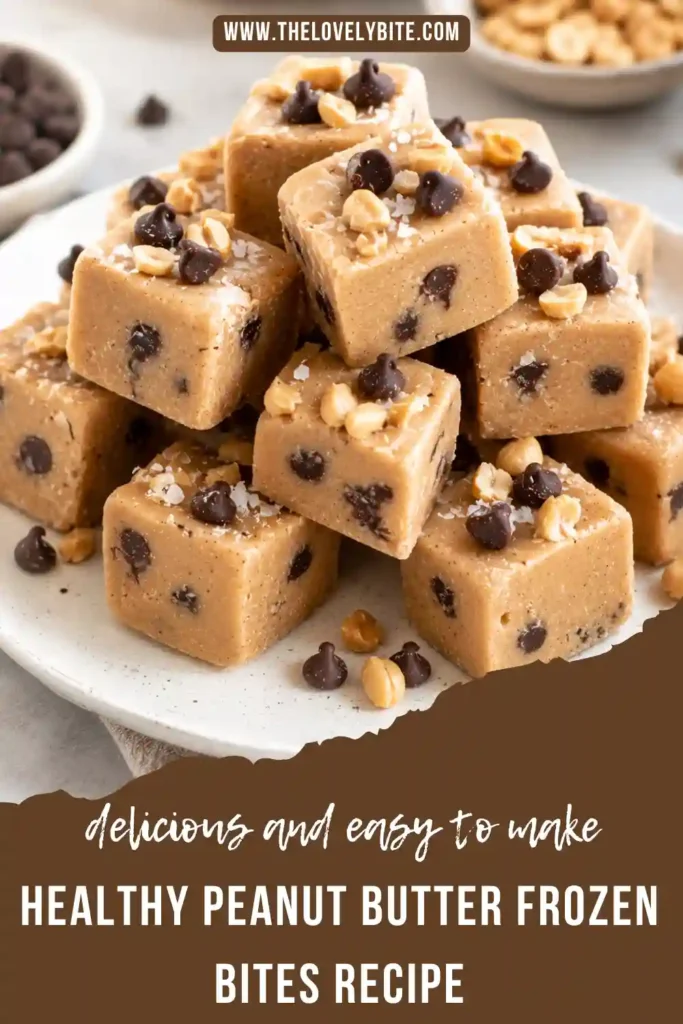 Homemade Healthy Peanut Butter Frozen Bites arranged on parchment paper with peanut butter drizzle and chocolate chips. Perfect for healthy snacking and meal prep.