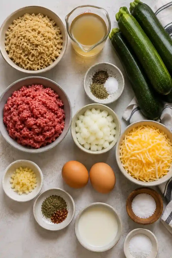 A freshly baked Healthy Quinoa Zucchini Bake with a golden cheese topping served in a baking dish. The casserole is filled with fluffy quinoa, tender zucchini, and savory ground beef for a wholesome family dinner.