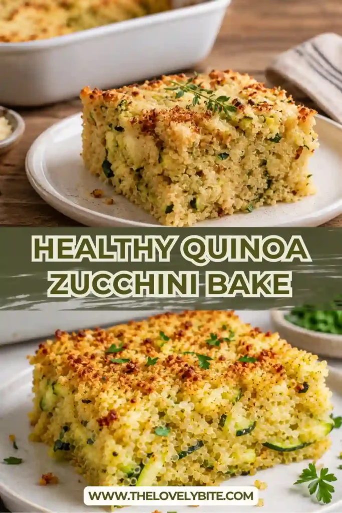 A slice of Healthy Quinoa Zucchini Bake on a white plate showing layers of quinoa, zucchini, melted cheese, and seasoned ground beef.