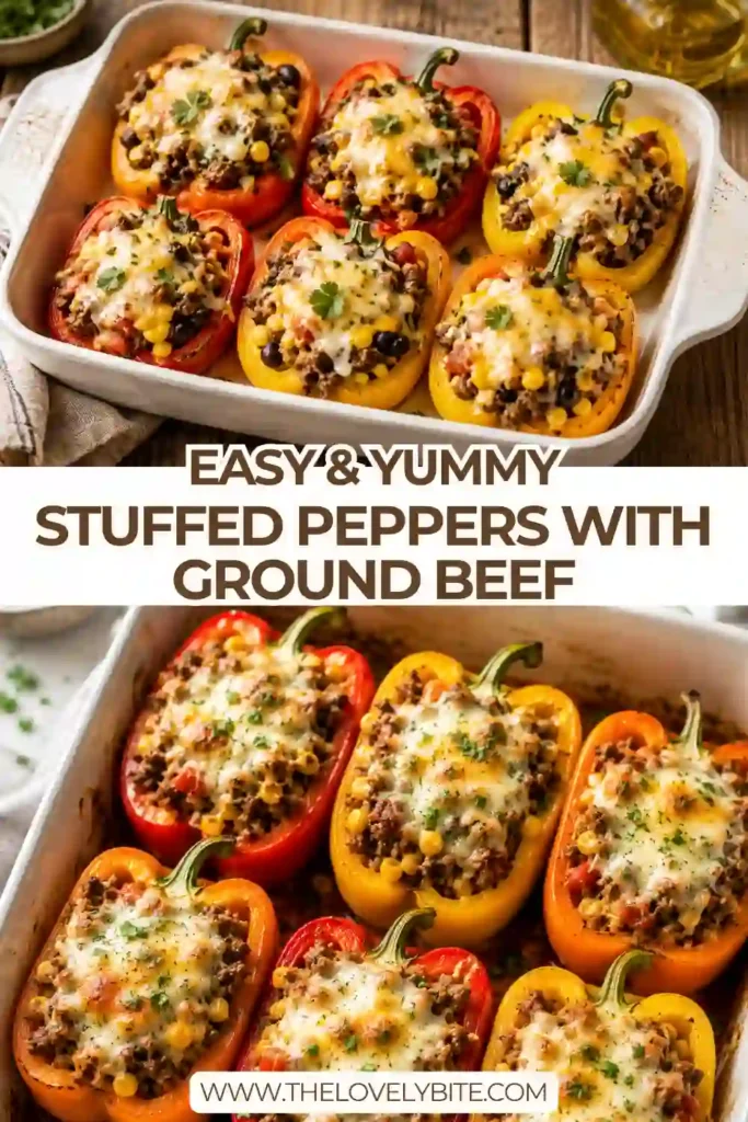 Healthy Stuffed Peppers with Ground Beef baked until the cheese is golden and bubbly. Colorful bell peppers are filled with seasoned lean beef, rice, tomatoes, and corn for a hearty, healthy dinner.