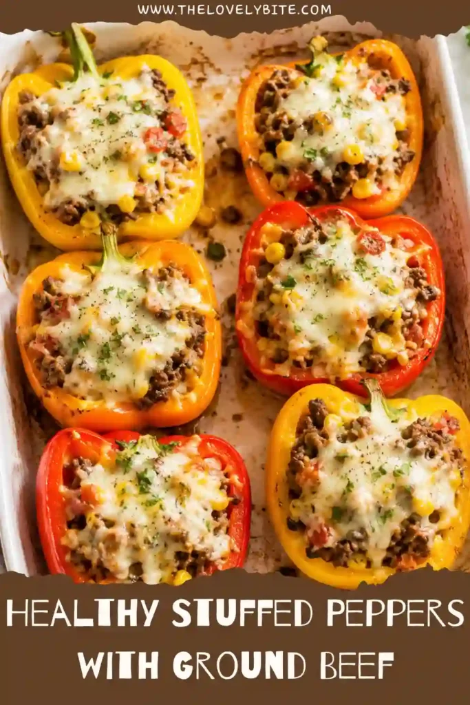 Easy stuffed bell peppers loaded with lean ground beef, corn, tomatoes, rice, and melted Monterey Jack cheese. A healthy high-protein dinner served with fresh cilantro.