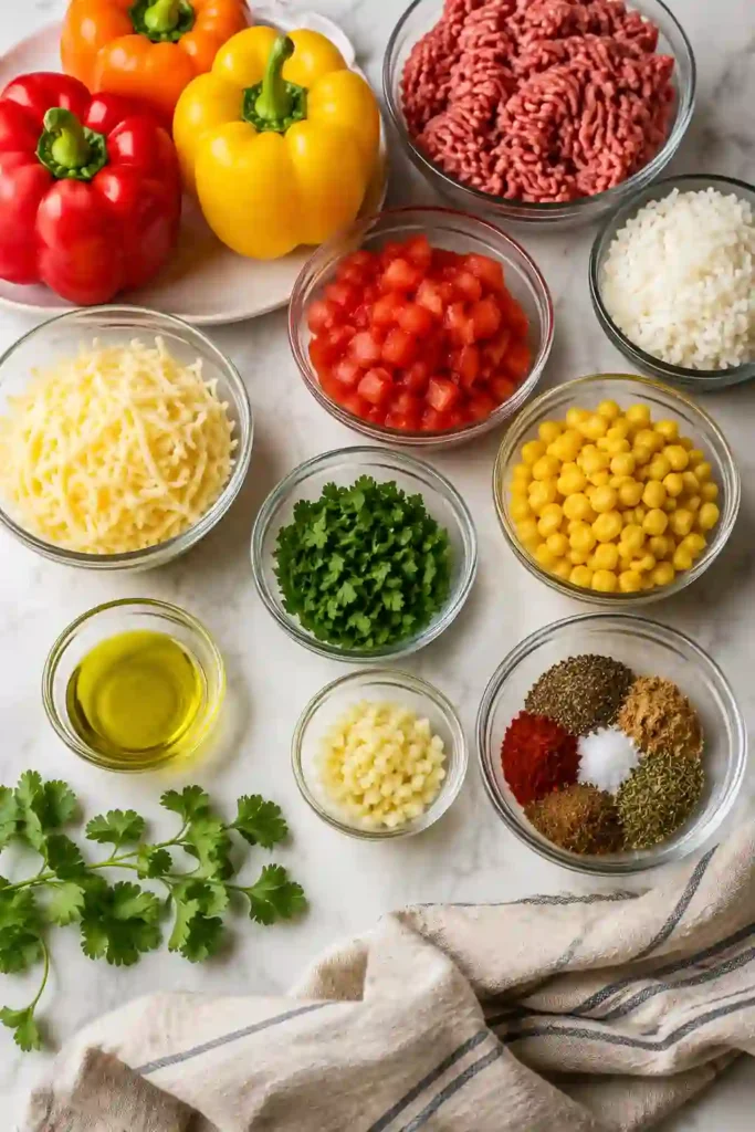 Healthy Stuffed Peppers with Ground Beef topped with melted cheese and fresh cilantro in a baking dish. An easy 30-minute stuffed peppers recipe perfect for meal prep.