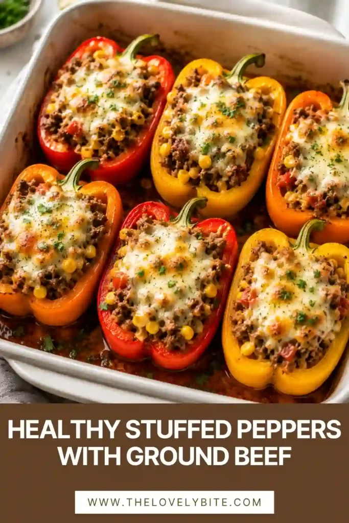 Healthy stuffed peppers served with fresh cilantro and Greek yogurt. Lean ground beef and colorful vegetables create a balanced family-friendly dinner.