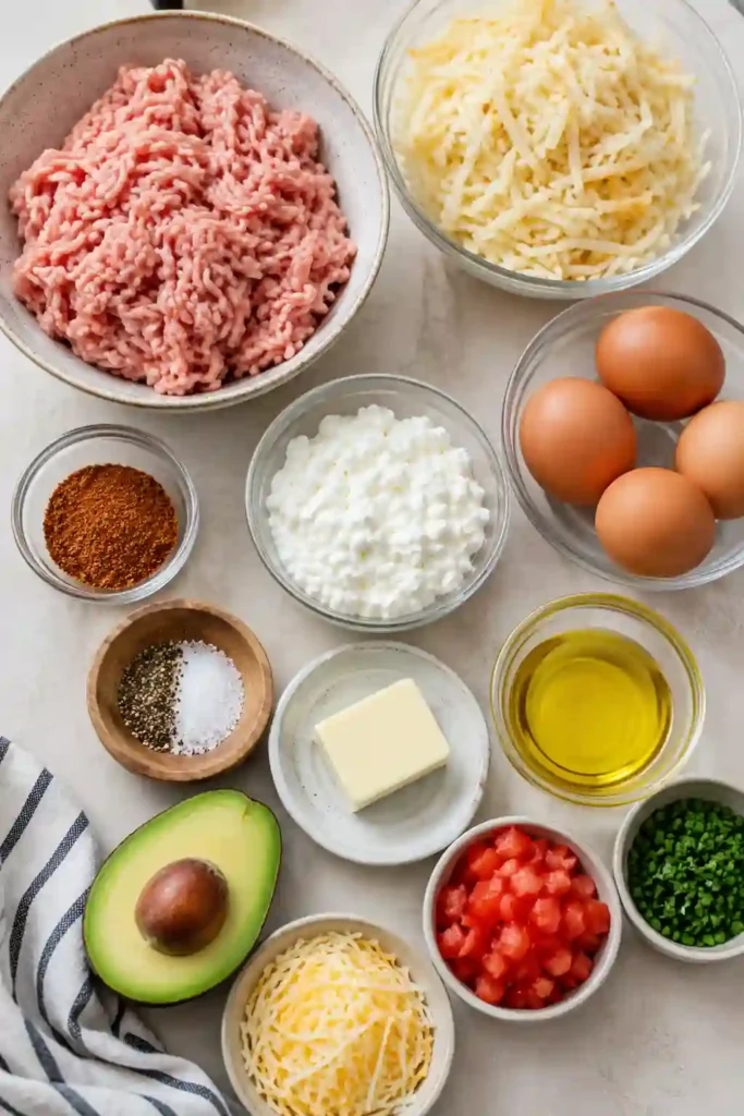 A close-up of a High Protein Breakfast Bowl made with crispy potatoes, seasoned turkey, cottage cheese eggs, tomatoes, avocado, and fresh herbs. This hearty breakfast bowl is perfect for fueling busy mornings and post-workout recovery.