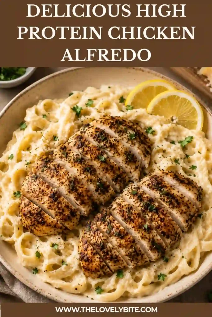 A bowl of High Protein Chicken Alfredo topped with sliced seasoned chicken, fresh parsley, and grated Parmesan. Creamy Alfredo sauce coats every strand of pasta for a comforting high-protein dinner.