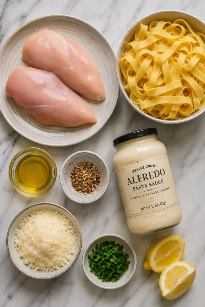 A comforting bowl of creamy chicken pasta featuring juicy sliced chicken, Alfredo sauce, and freshly grated Parmesan. Perfect for an easy protein-packed dinner.