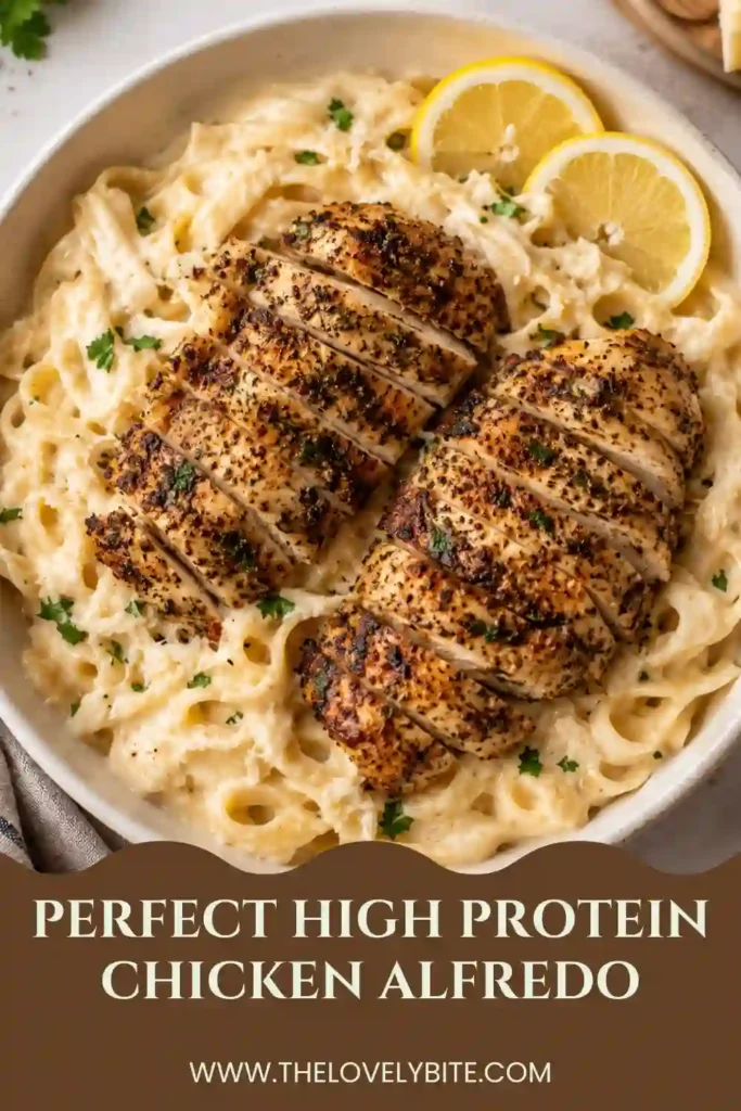 Tender chicken breast served over creamy fettuccine Alfredo with parsley and fresh lemon. A delicious high protein pasta recipe made in just 30 minutes.