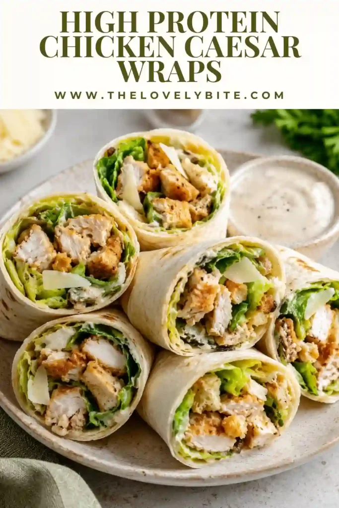 Fresh High Protein Chicken Caesar Wraps sliced in half and filled with crispy chicken, romaine lettuce, shaved Parmesan, and creamy Caesar dressing wrapped in a soft low-carb tortilla. The wraps are served on a wooden board with natural lighting.