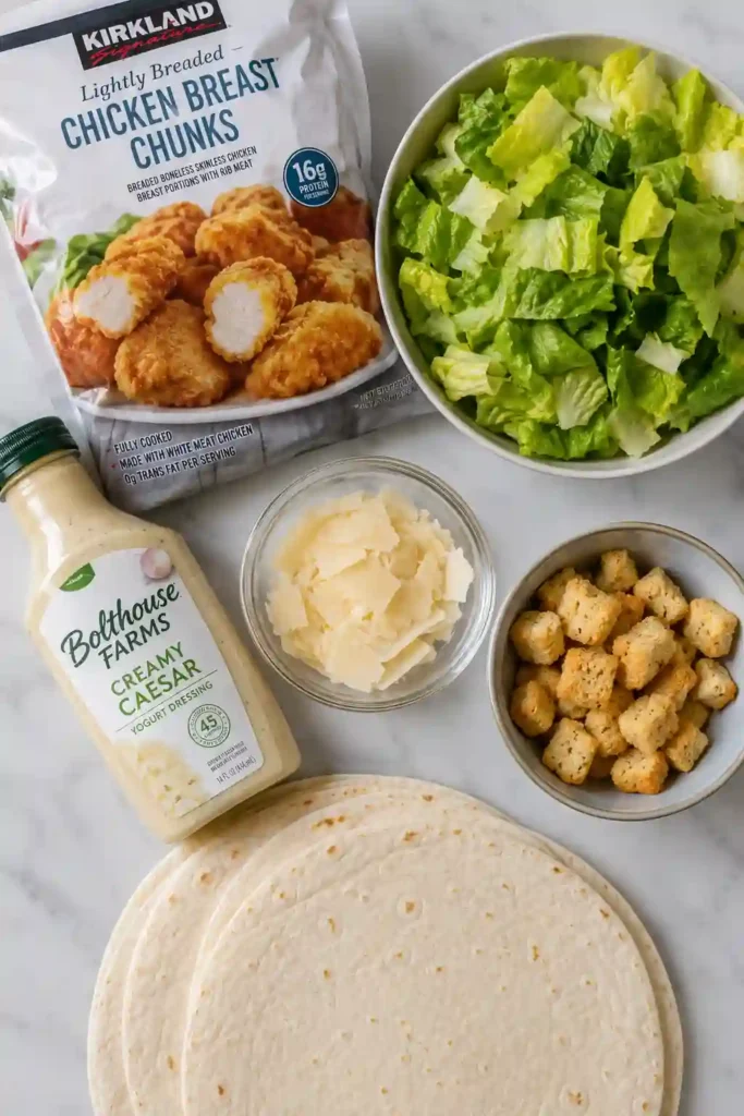 Close-up of High Protein Chicken Caesar Wraps cut in half to reveal crispy chicken, fresh lettuce, and creamy Caesar filling inside soft tortillas. A flavorful and nutritious meal.