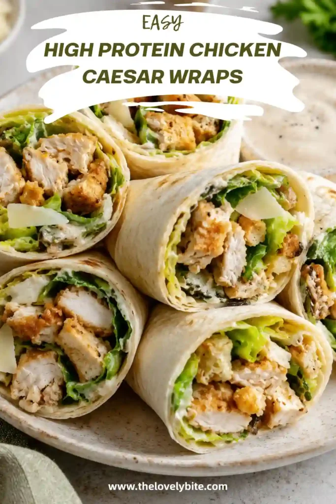 Healthy Chicken Caesar Wraps made with crispy chicken breast, creamy Caesar dressing, crunchy lettuce, and Parmesan cheese. A satisfying high-protein lunch served fresh.