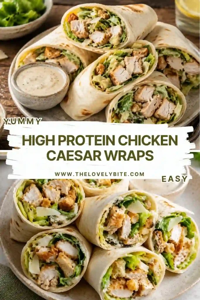 Golden crispy chicken mixed with fresh romaine lettuce and Parmesan cheese inside a warm tortilla creates these delicious High Protein Chicken Caesar Wraps. Perfect for lunch or meal prep.