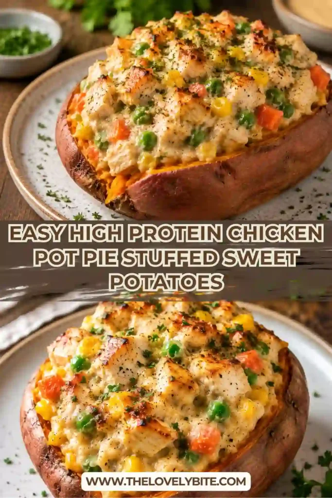 A baked sweet potato overflowing with creamy chicken pot pie filling made with lean chicken breast and colorful vegetables. Perfect for healthy meal prep and easy family dinners.