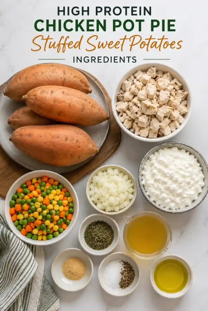 Creamy High Protein Chicken Pot Pie Stuffed Sweet Potatoes filled with shredded chicken, mixed vegetables, and blended cottage cheese. This healthy comfort food is baked until tender and makes a satisfying high protein dinner.