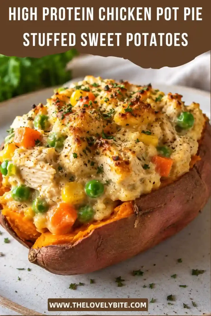 Golden roasted sweet potatoes stuffed with creamy chicken and vegetable filling for an easy high protein dinner. Ideal for healthy comfort food lovers and Weight Watchers friendly meals.
