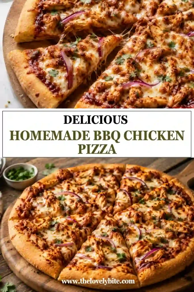 Homemade BBQ Chicken Pizza topped with barbecue chicken, mozzarella, smoked Gouda, red onions, and fresh cilantro on a crispy golden crust. Freshly baked and sliced for serving.