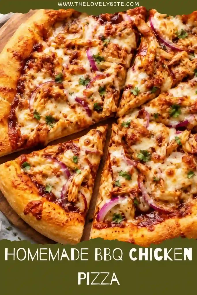 Close-up of Homemade BBQ Chicken Pizza featuring melted cheese, smoky barbecue chicken, and crispy pizza crust. Perfect for family dinner or pizza night.
