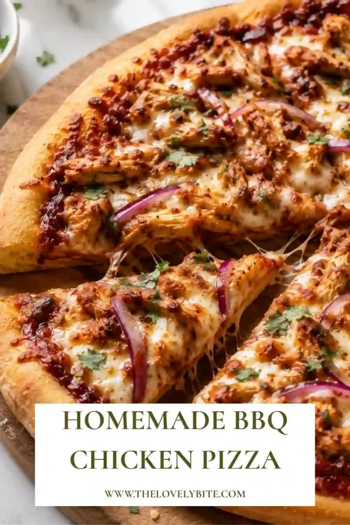 Freshly baked BBQ chicken pizza with golden crust, barbecue sauce, mozzarella, smoked Gouda, and red onion. A homemade comfort food favorite.