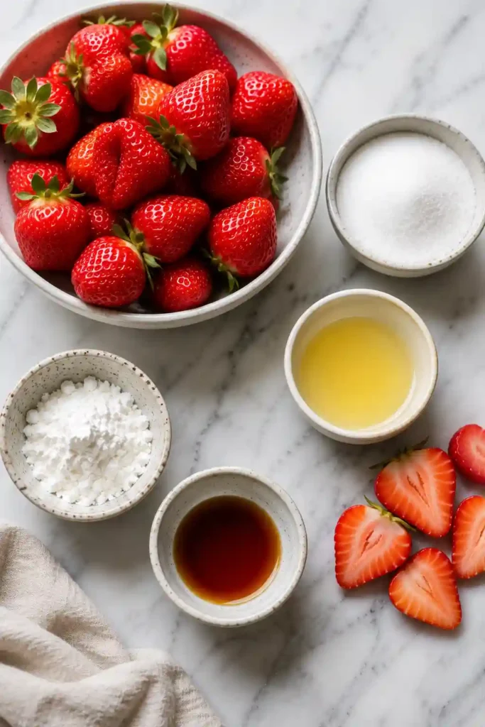 4. Close-up of a fresh strawberry dessert sauce with rich berry flavor and vibrant color, beautifully styled in natural lighting.