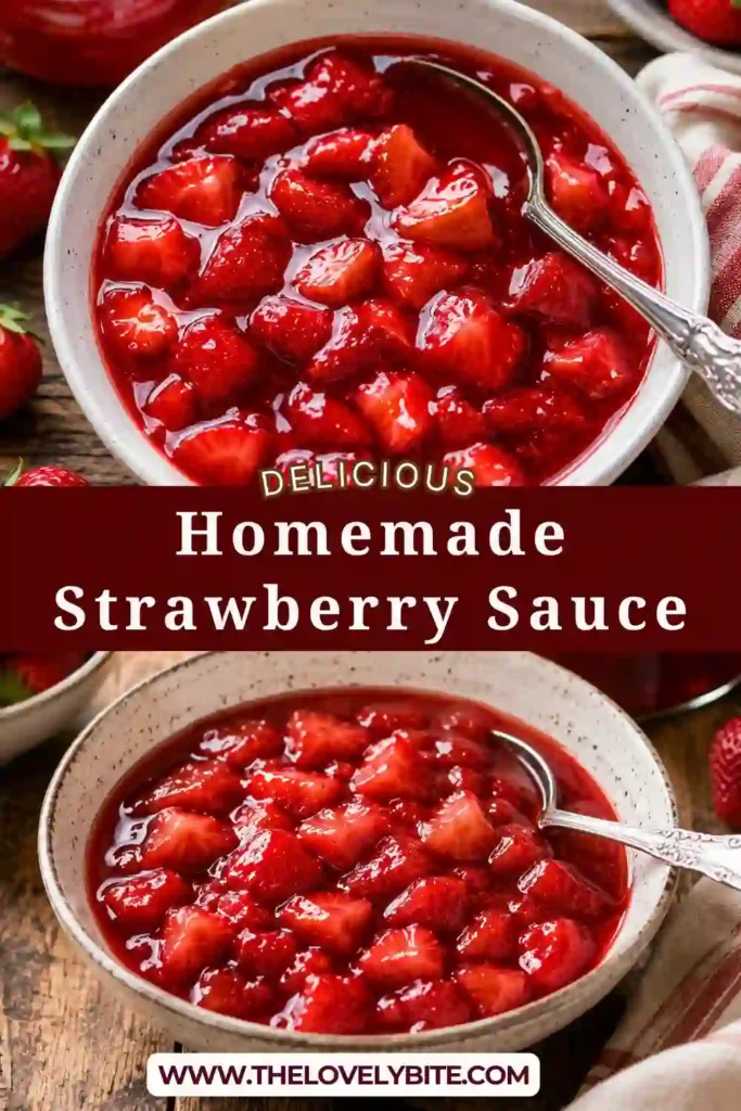 2. Fresh strawberry topping with a glossy texture, vibrant red color, and chunks of juicy strawberries in a white serving bowl.