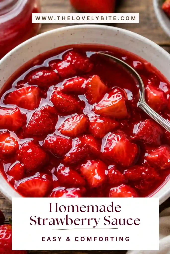 1. A bowl of Homemade Strawberry Sauce made with fresh strawberries, topped with whole strawberry pieces and served in natural light on a rustic table.