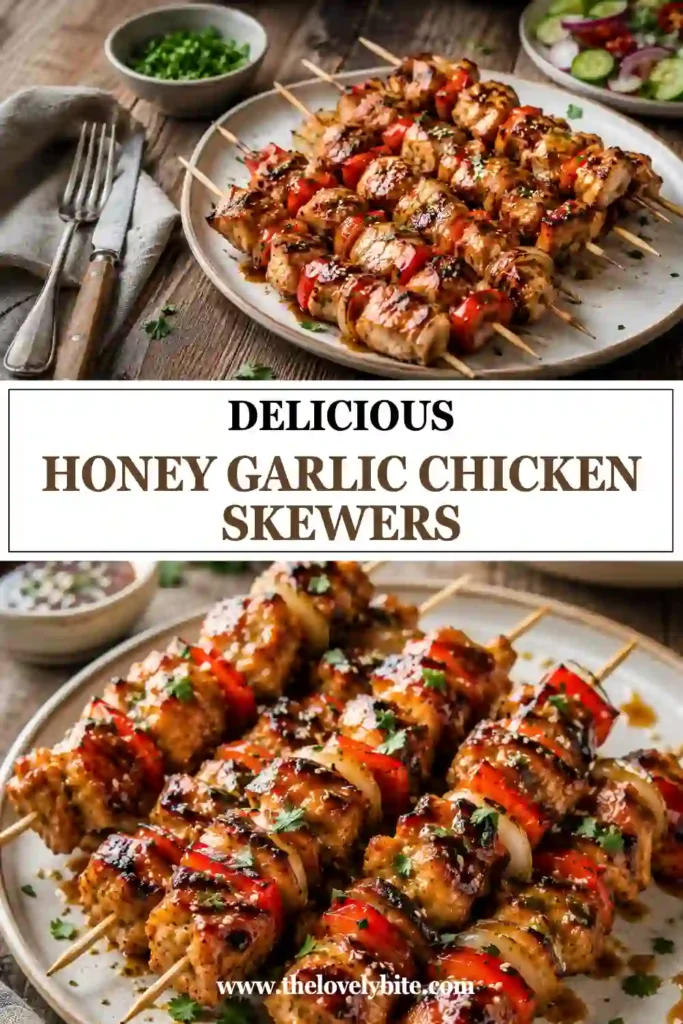 Golden Honey Garlic Chicken Skewers grilled until caramelized with red peppers and onions. Tender chicken pieces are coated in a flavorful honey garlic marinade and topped with sesame seeds.