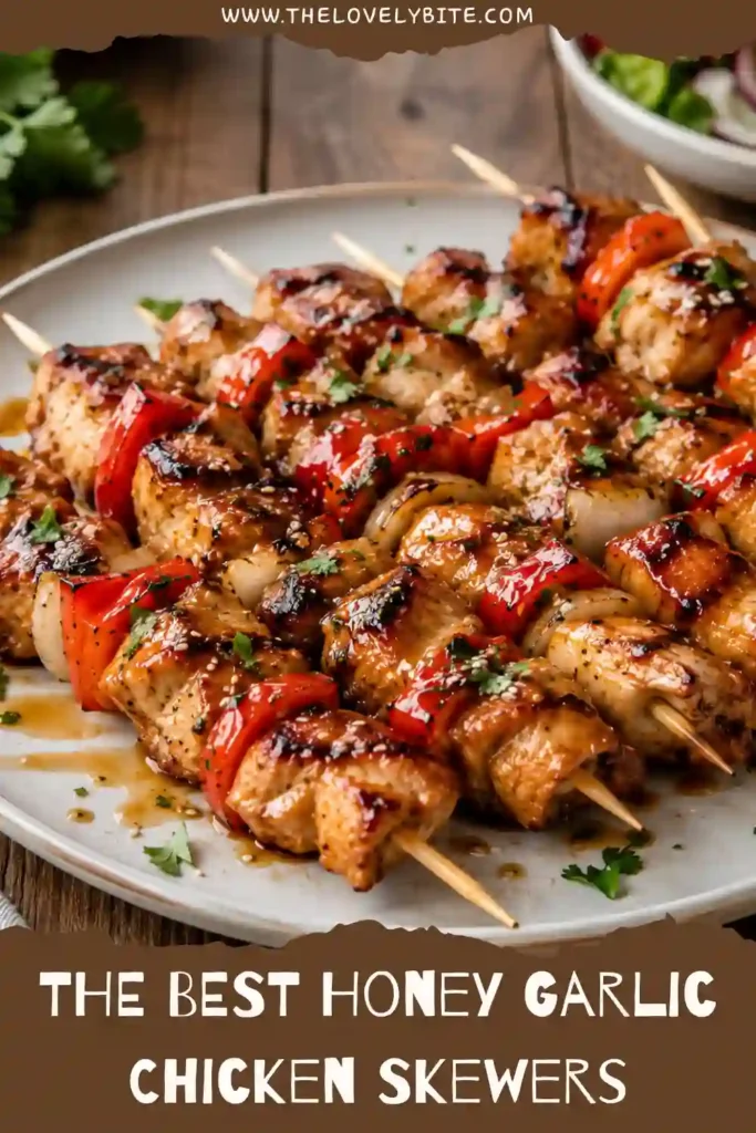 Freshly grilled Honey Garlic Chicken Skewers served with colorful vegetables and herbs. This easy grilled chicken recipe is juicy, flavorful, and perfect for BBQ season.