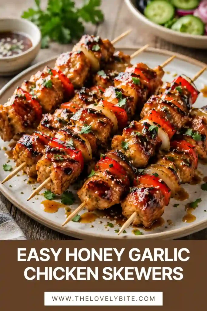 Close-up of Honey Garlic Chicken Skewers glazed with sweet honey garlic sauce and sprinkled with sesame seeds. The grilled chicken is paired with vibrant peppers and onions.