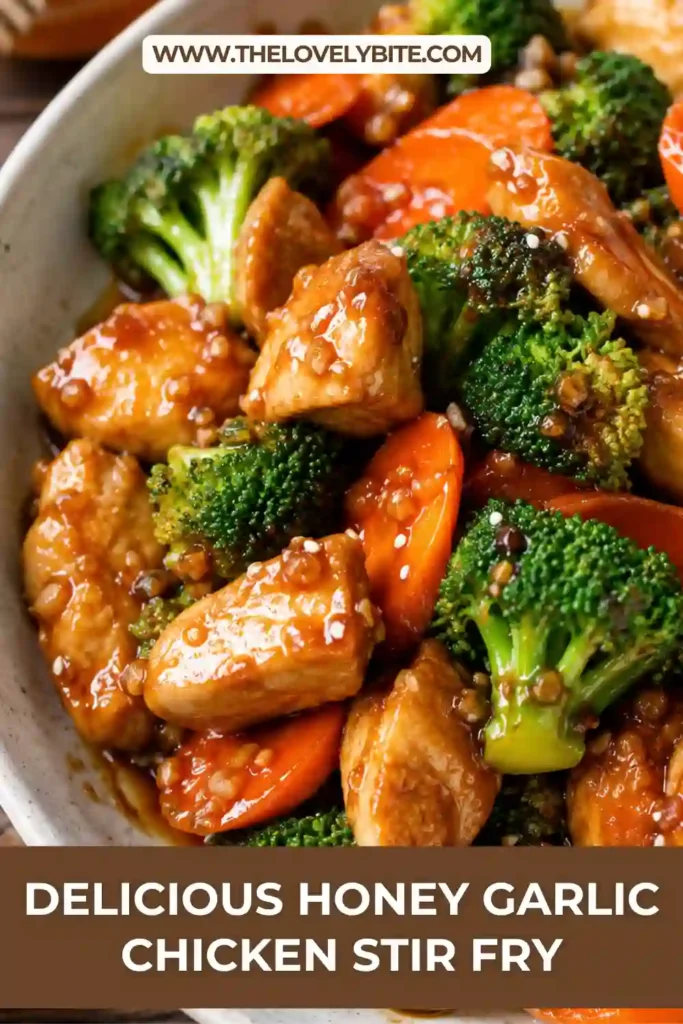 A bowl of Honey Garlic Chicken Stir Fry with tender chicken, broccoli, carrots, and a glossy homemade honey garlic sauce served over steamed rice. This colorful meal is perfect for a healthy weeknight dinner.