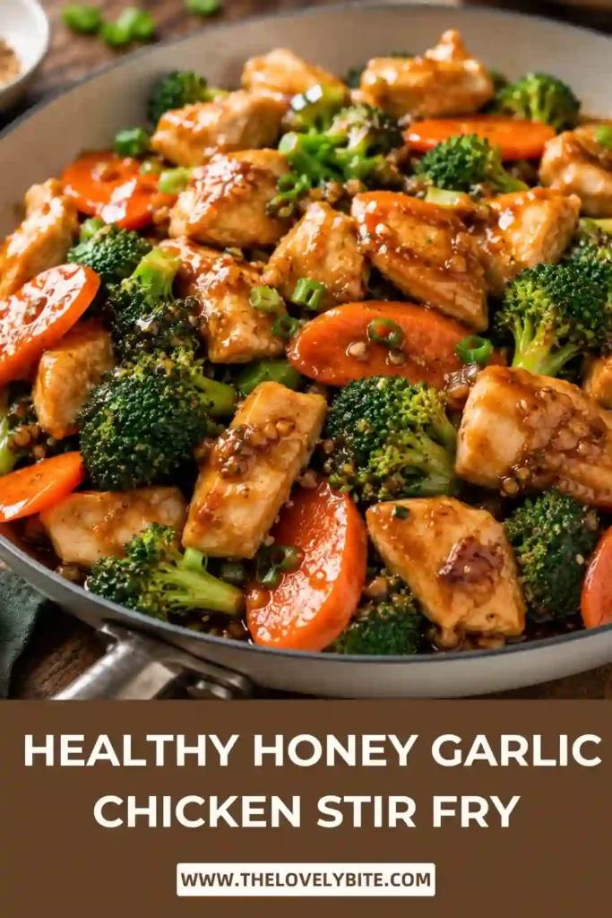 Fresh Honey Garlic Chicken Stir Fry featuring juicy chicken breast, crisp broccoli florets, sliced carrots, and a sweet savory sauce. A quick and easy one-pan chicken recipe.