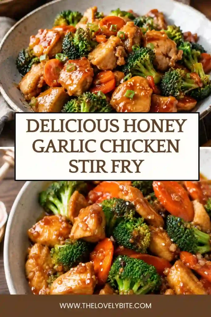 Healthy Honey Garlic Chicken Stir Fry served with fluffy rice and garnished with sesame seeds and green onions. Packed with vegetables and rich homemade flavor.