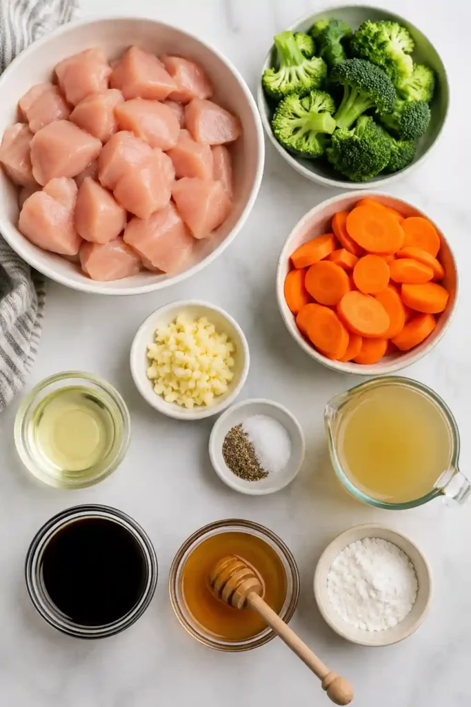 Close-up of Honey Garlic Chicken Stir Fry coated in a flavorful honey garlic sauce with broccoli and carrots. A delicious homemade chicken stir fry with vegetables.