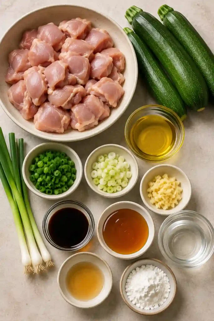 Golden Honey Garlic Chicken with sautéed zucchini in a cast iron skillet topped with fresh green onions. A simple one-pan dinner packed with flavor and ready in just 30 minutes.
