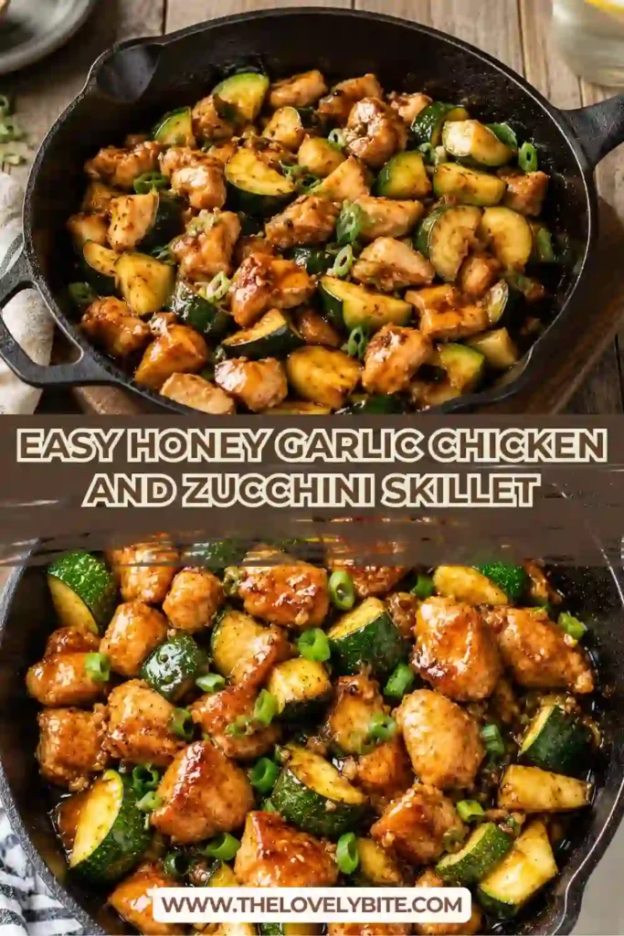 Fresh Honey Garlic Chicken and Zucchini cooked in one skillet with juicy chicken thighs, crisp zucchini, garlic, and a sweet savory sauce. This healthy chicken dinner is quick and satisfying.