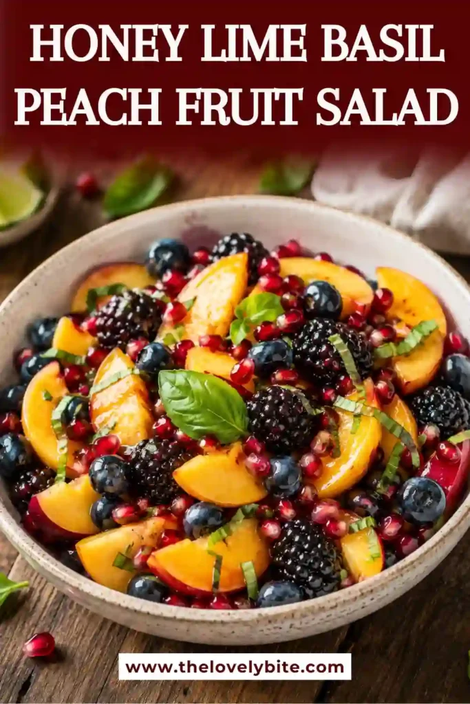 3. Healthy peach fruit salad featuring juicy peaches, blueberries, blackberries, basil ribbons, and pomegranate seeds photographed in soft natural light.