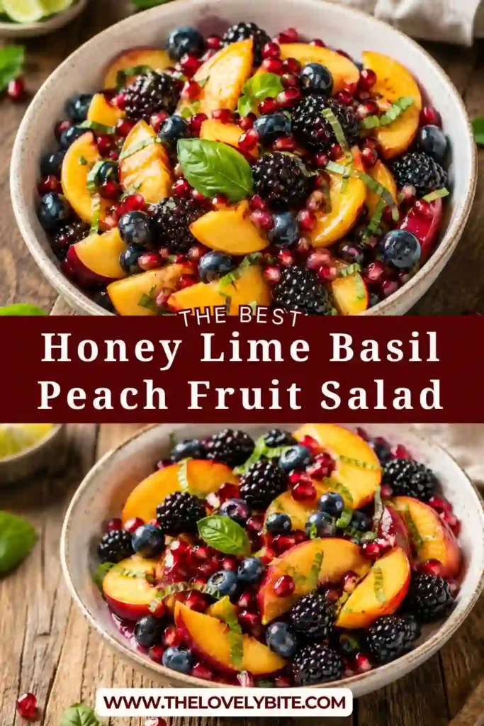 2. Fresh peaches mixed with berries, pomegranate, basil, and lime in a vibrant summer fruit salad served in a rustic bowl.