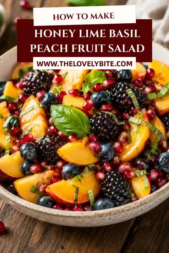 1. A colorful bowl of peach fruit salad with blackberries, blueberries, pomegranate seeds, and fresh basil tossed in honey lime dressing under natural lighting.