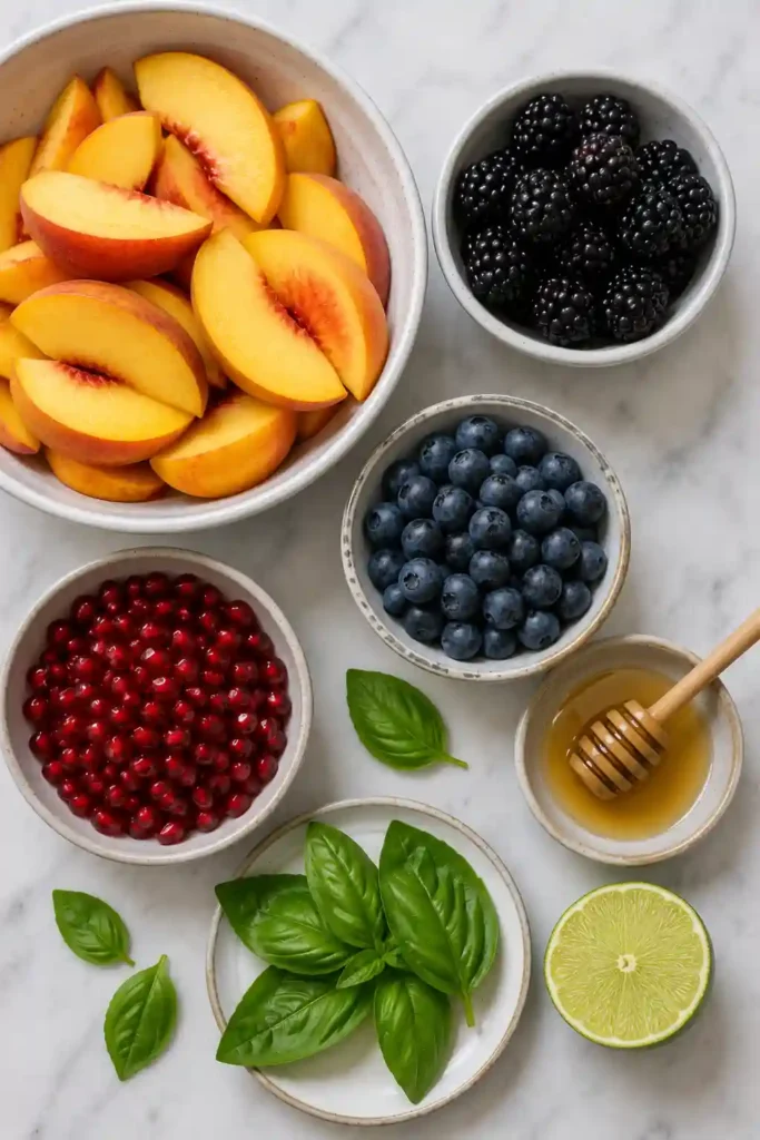 4. A refreshing honey lime fruit salad with ripe peaches, mixed berries, and basil, perfect for summer gatherings and healthy desserts.