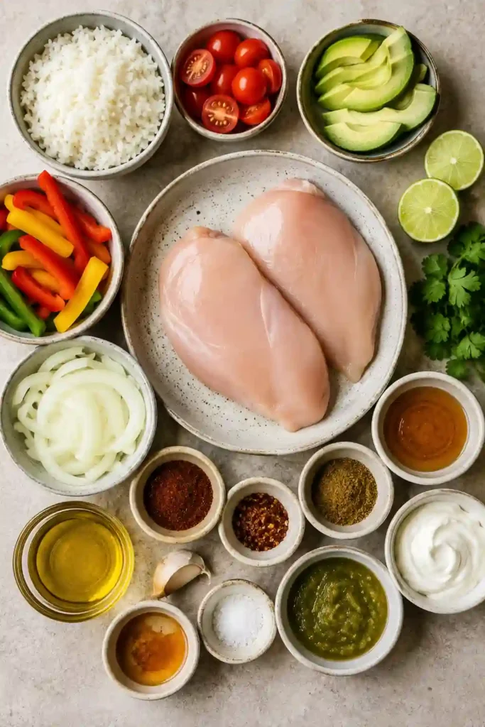 Honey Lime Chili Chicken Bowls served with roasted peppers, fluffy rice, avocado, cherry tomatoes, cilantro, and honey lime vinaigrette. This colorful high-protein dinner is fresh, vibrant, and perfect for meal prep.
