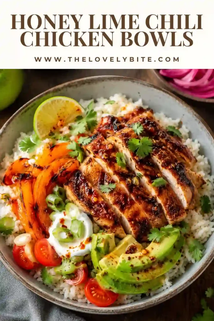 A healthy chicken rice bowl featuring juicy roasted honey lime chicken, roasted vegetables, creamy avocado, and fresh cilantro over steamed rice. Finished with a flavorful lime dressing.