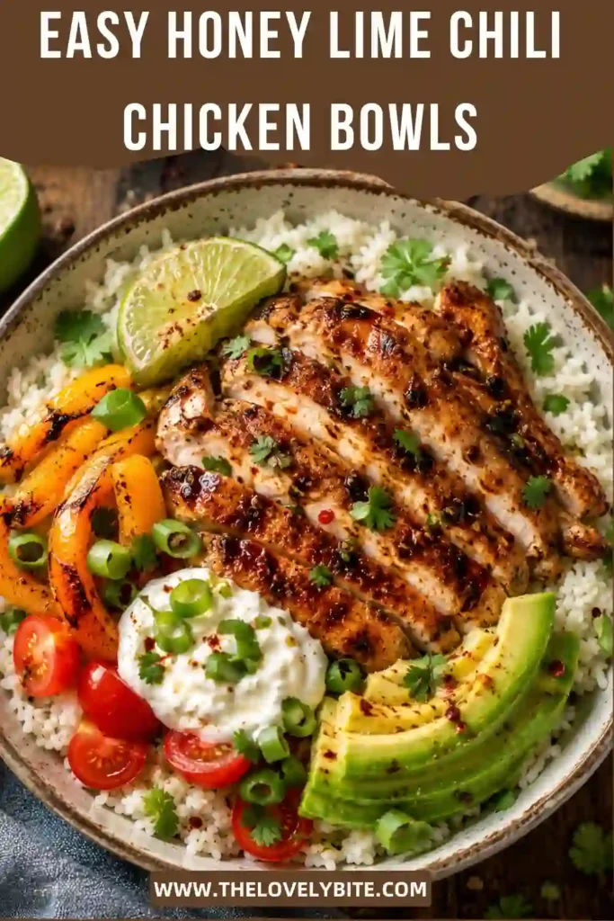 Sheet pan Honey Lime Chili Chicken Bowls topped with avocado, tomatoes, yogurt, and cilantro. This easy weeknight meal is colorful, satisfying, and full of bold flavors.