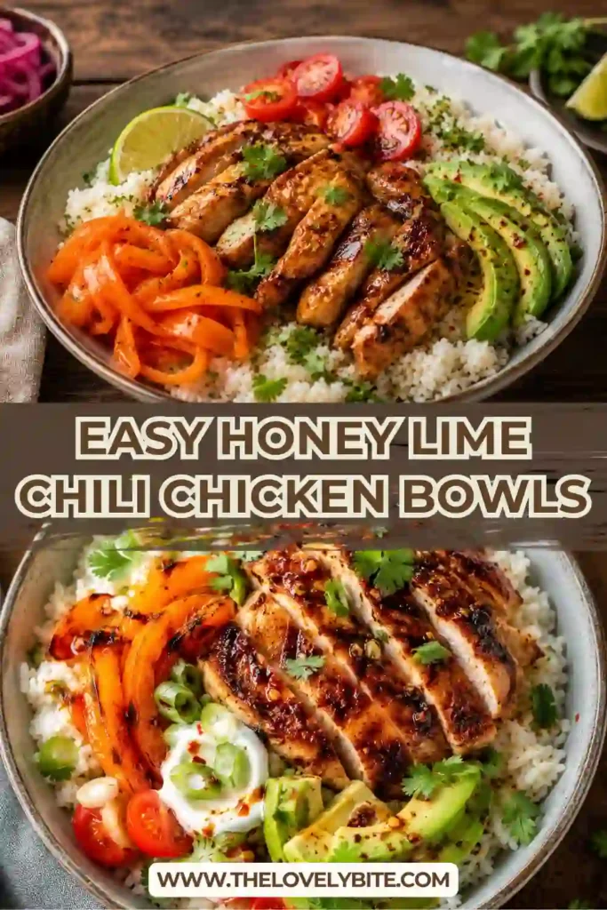 Fresh Honey Lime Chili Chicken Bowls with roasted chicken, bell peppers, onions, rice, and a tangy honey lime vinaigrette. A delicious meal prep recipe for lunch or dinner.