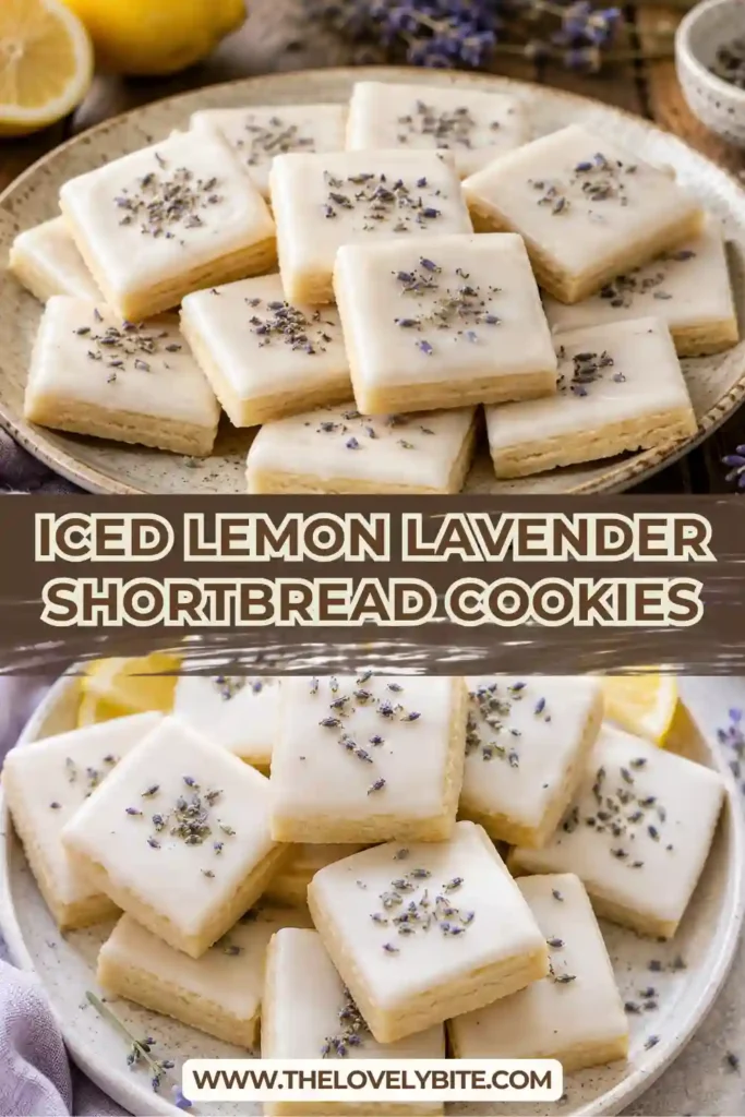 Iced Lemon Lavender Shortbread Cookies topped with lemon glaze, dried lavender, and fresh lemon zest on a serving platter.